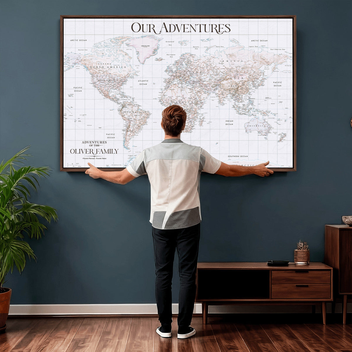18074626D3DD-MGV-CV-36X24 - Extra Large Framed Personalized Push Pin World Map Wall Art Canvas Print for Travel Tracking