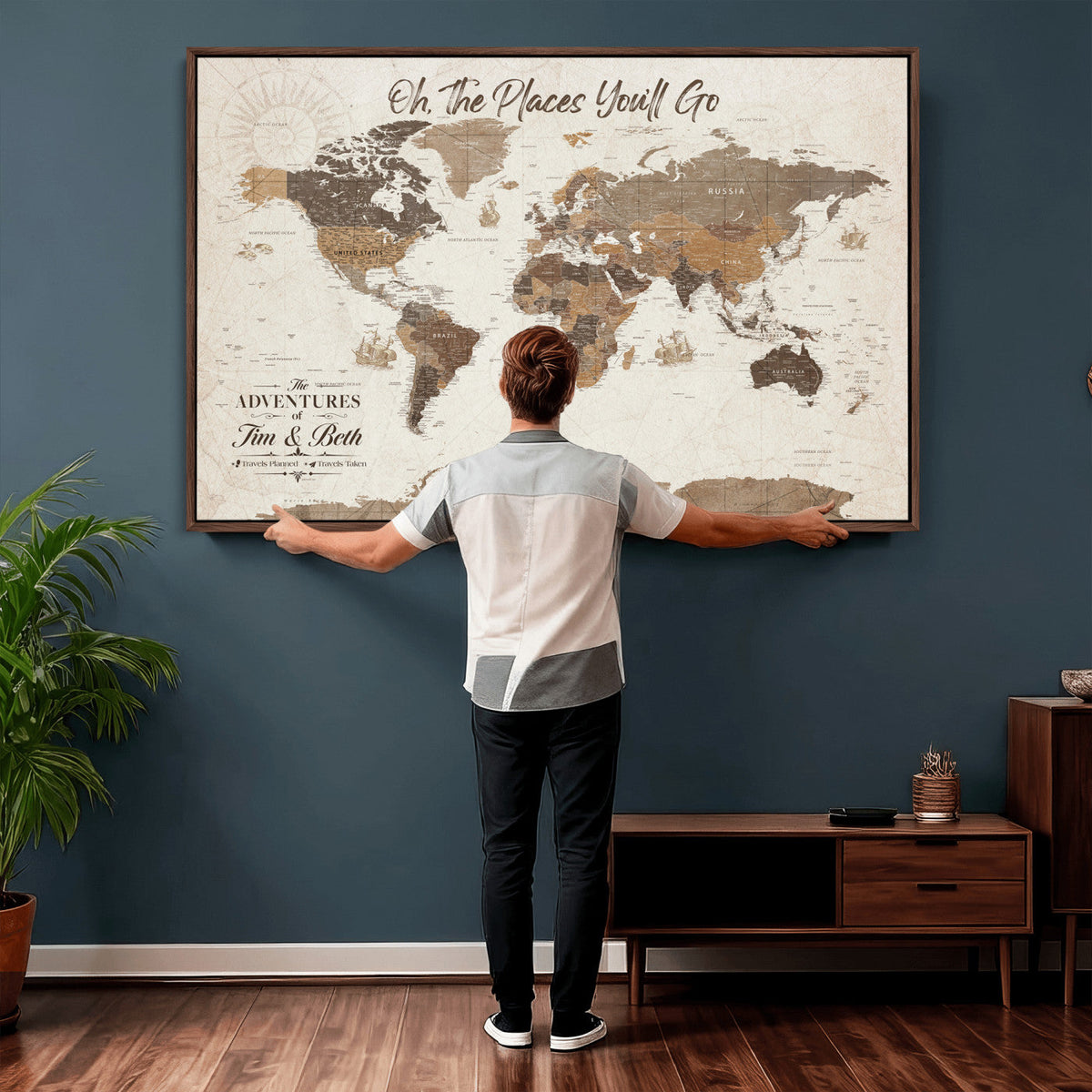 Personalized Beige Geometric Family Push Pin World Map Canvas Print, Honeymoon and Anniversary Gift, Living Room and Study Decor