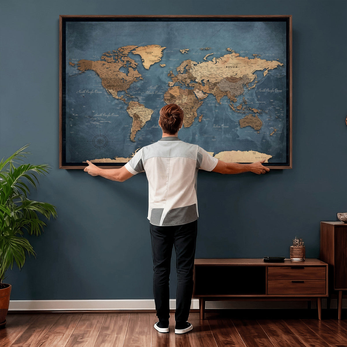 81949666D-MGV-CV-36X24 - Custom Push Pin World Map Wall Art Canvas Print – Personalized Travel Tracker with Pins Framed Large for Home and Office Decor