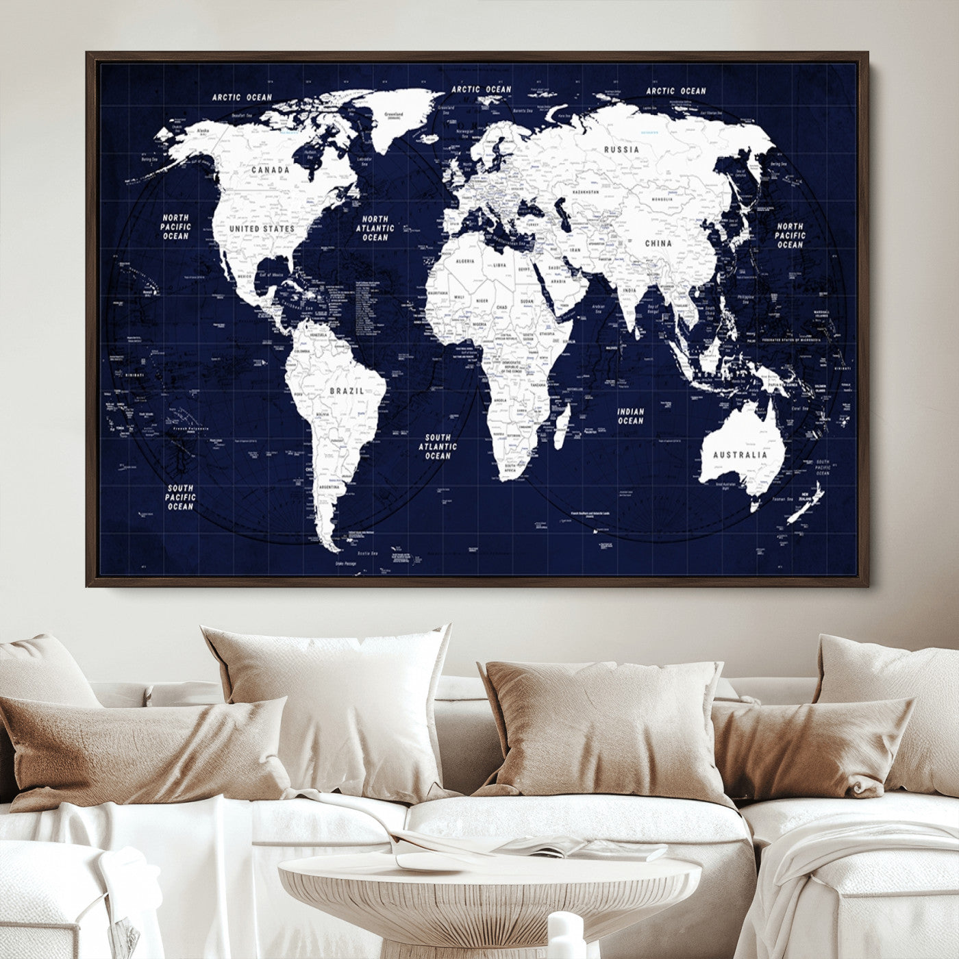 Push Pin World Map Canvas Print – Framed Wall Art for Couples to Track Their Travels – Anniversary Gift or Home Adventure Decor