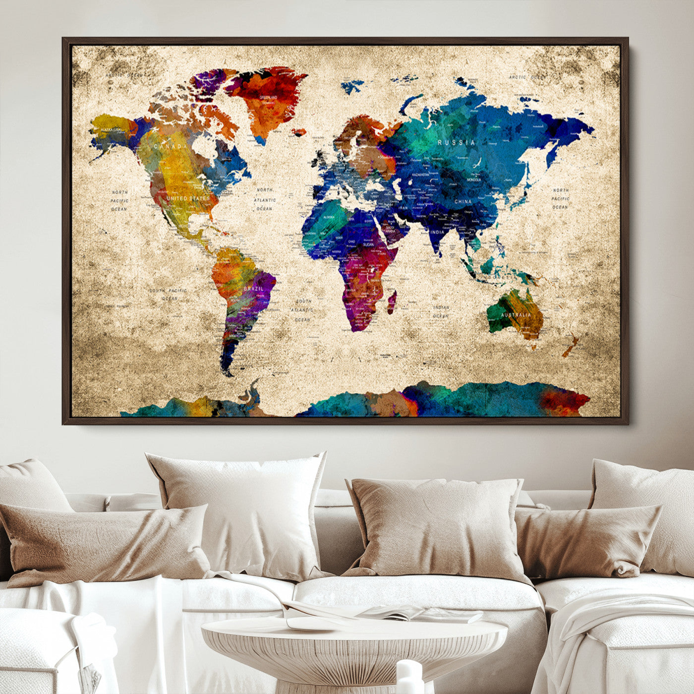 Push Pin World Map Canvas Print – Framed Wall Art for Couples to Track Their Travels – Anniversary Gift or Home Adventure Decor