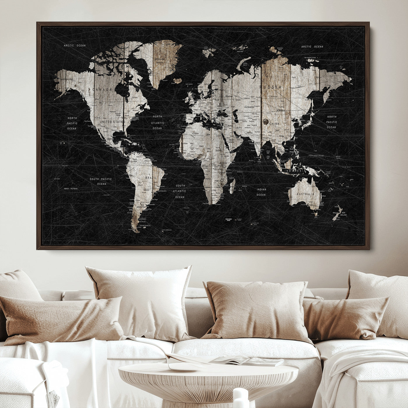 Push Pin World Map Canvas Print – Framed Wall Art for Couples to Track Their Travels – Anniversary Gift or Home Adventure Decor