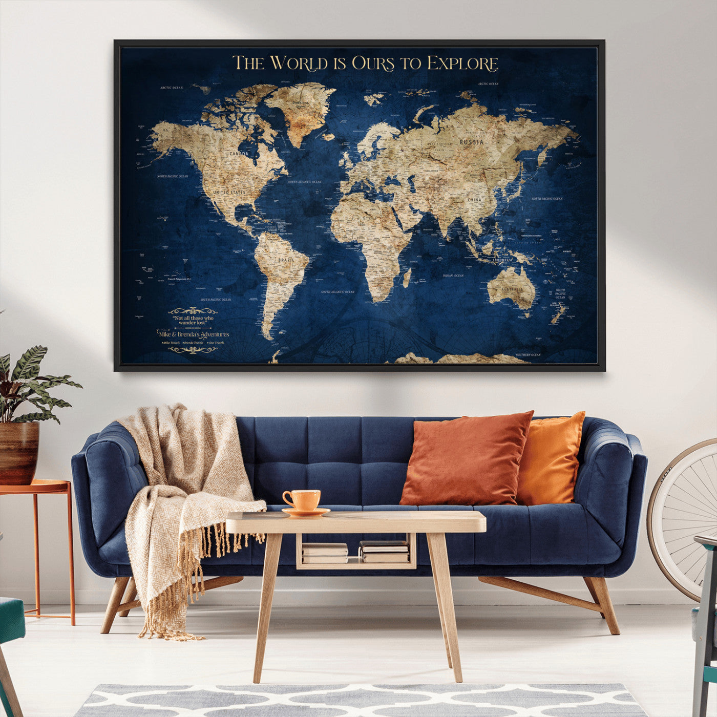 Custom World Map Wall Art – Personalized Framed Canvas Print with Push Pins for Travel Tracking, Anniversary or Couple Gift Ideas - H2-2