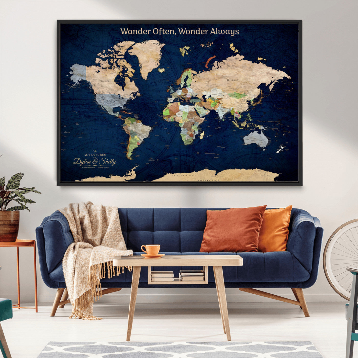 12399561-MGV-CV-30X20-Personalized World Map Print, Customizable Push Pin Framed World Map Print on Canvas - Custom Quote on Map Print