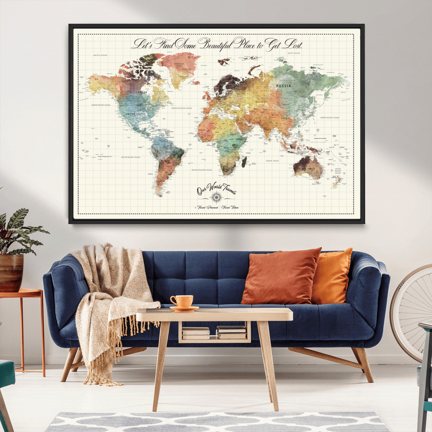 29289638-MGV-CV-36X24-Personalized World Map Print - Customizable Push Pin Framed World Map Print on Canvas - Custom Quote on Map Print