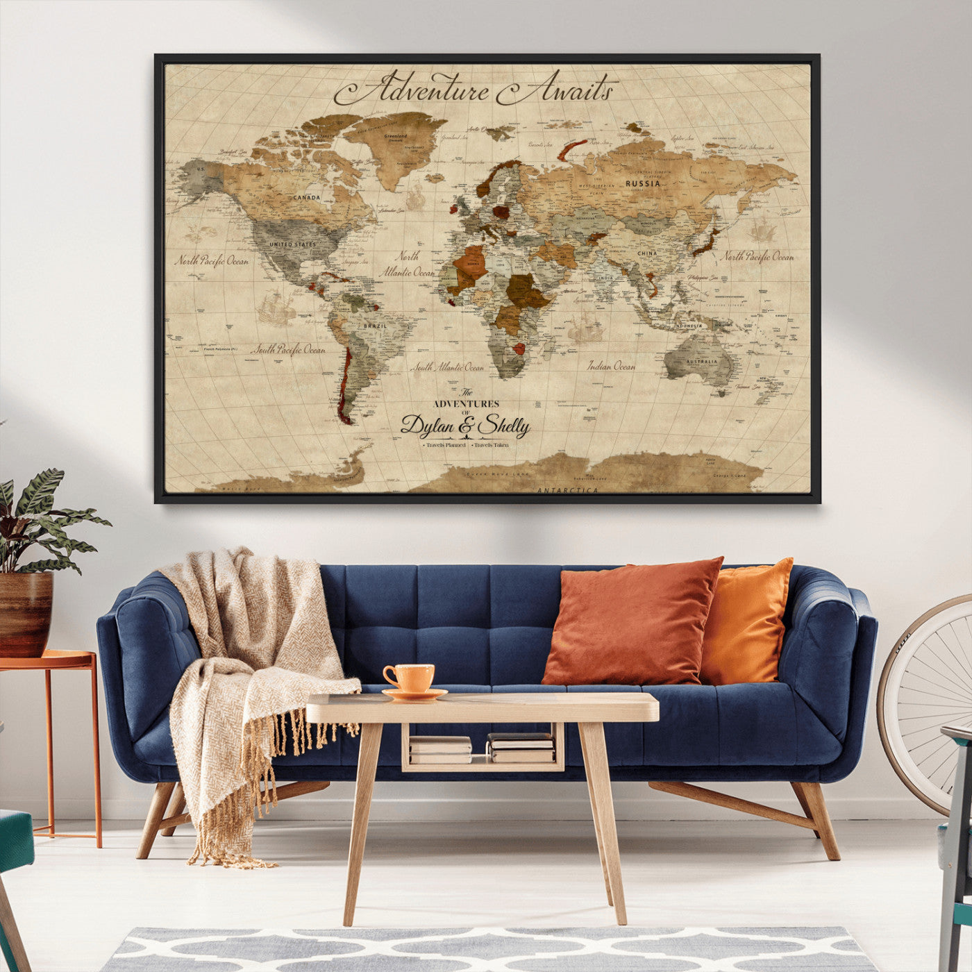 29054239-MGV-CV-36X24-Personalized World Map Print - Customizable Push Pin Framed World Map Print on Canvas - Custom Quote on Map Print