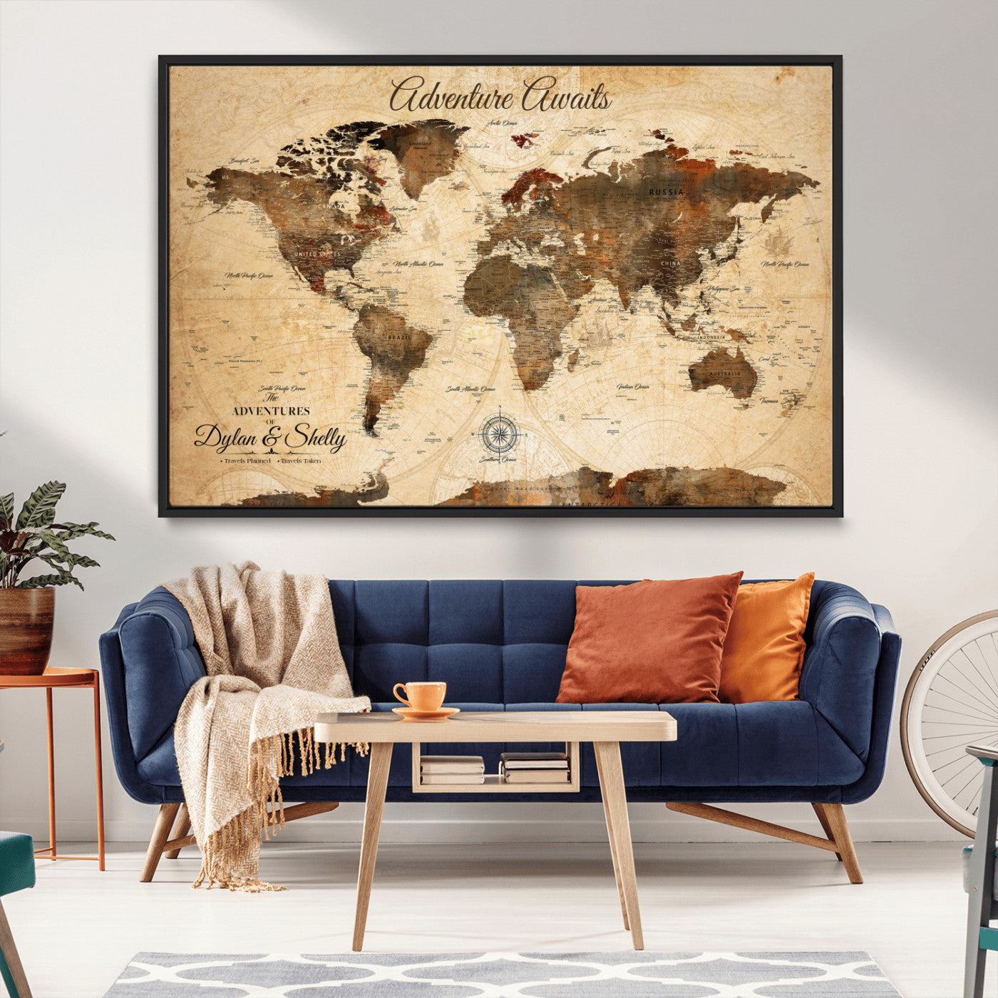 66357947-MGV-CV-36X24-Personalized World Map Print, Customizable Push Pin Framed World Map Print on Canvas - Custom Quote on Map Print
