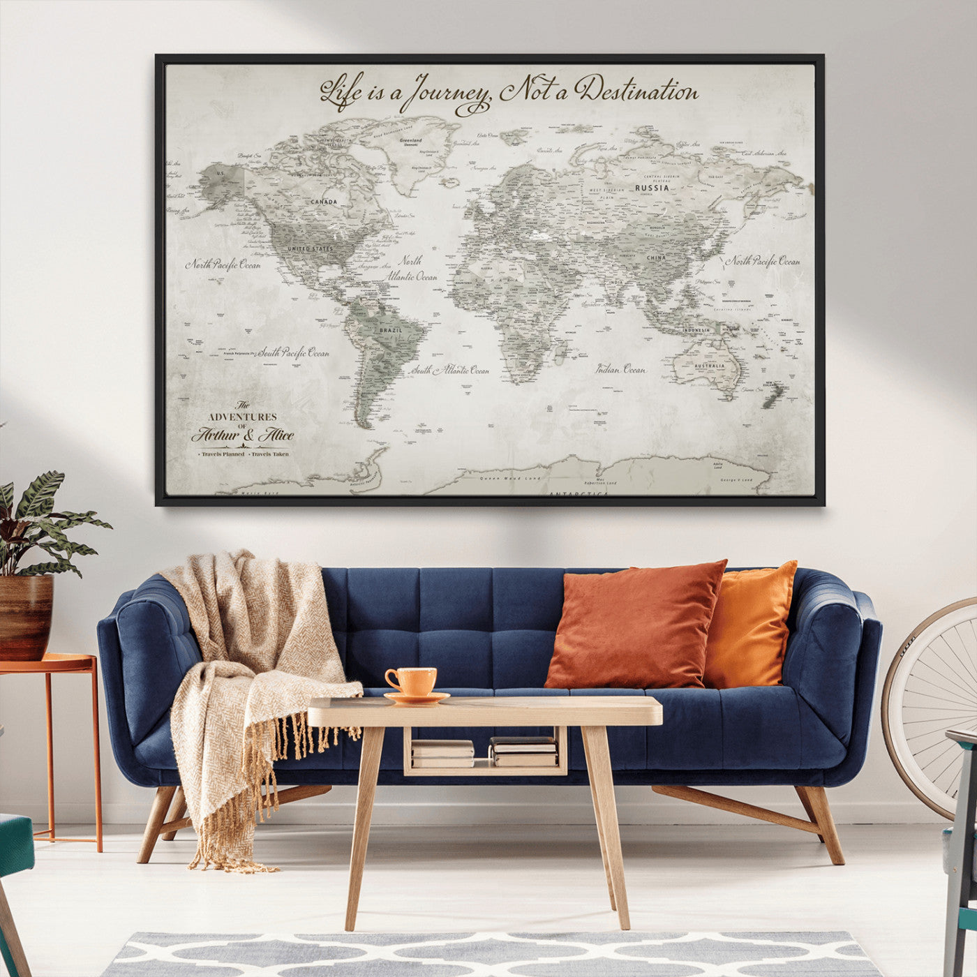 Custom Push Pin World Map Wall Canvas Print – Personalized Travel Tracker with Pins – Framed Custom Quotie Canvas for Home Office Decor