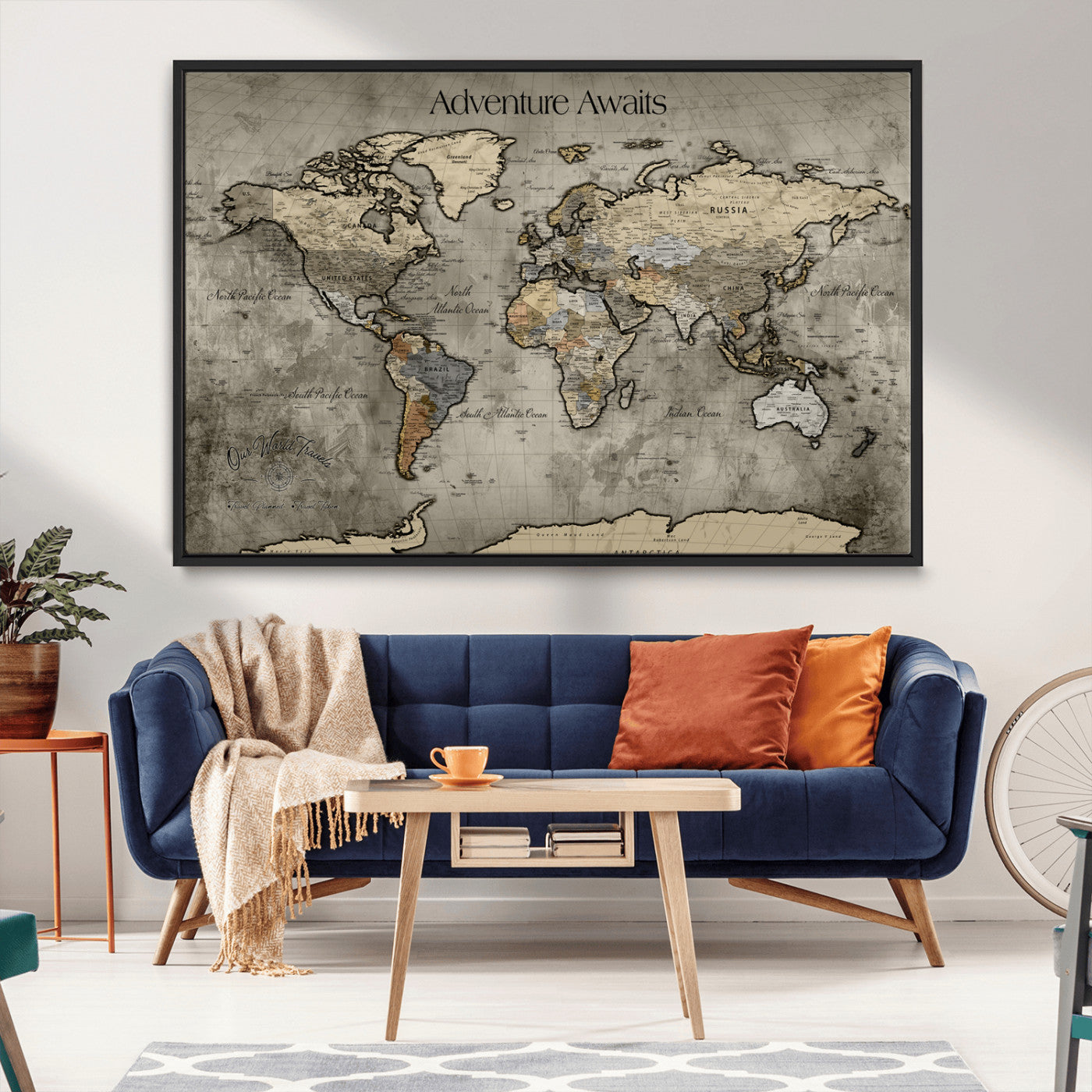 60740187-MGV-CV-36X24-Tree Rings Wall Art Canvas Print, Framed Wood Texture Art Picture Print, Blue Grain Perfect Rustic Modern Decor Artwork, Wood Texture Wall