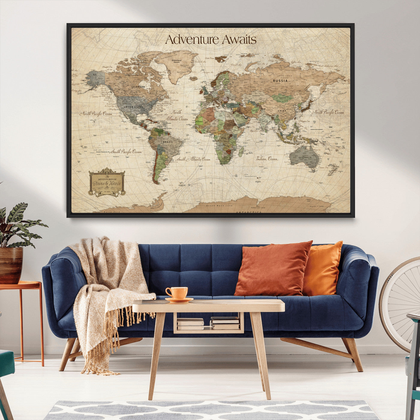 33020399-MGV-CV-30X20-Custom Push Pin World Map Wall Canvas Print – Personalized Travel Tracker with Pins – Framed Custom Quotie Canvas for Home Office Decor