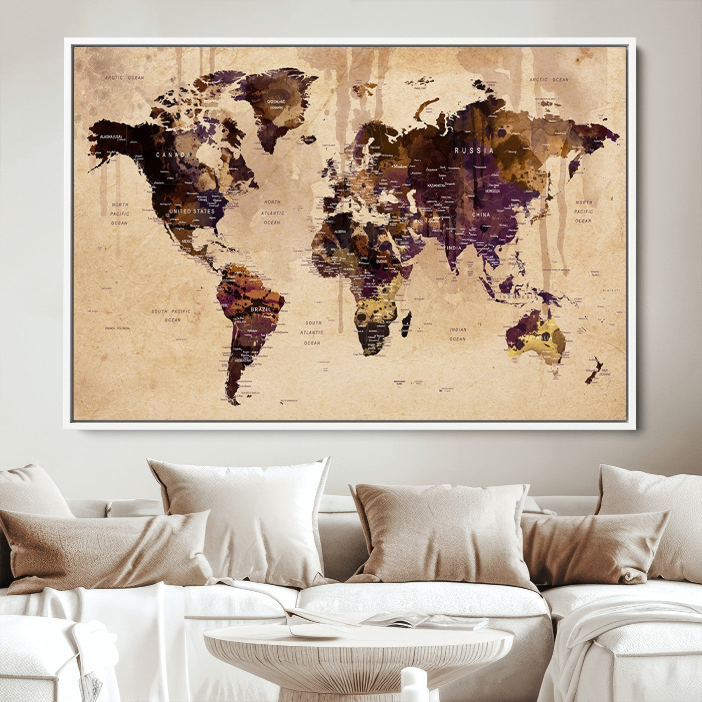 Push Pin World Map Canvas Print – Framed Wall Art for Couples to Track Their Travels – Anniversary Gift or Home Adventure Decor