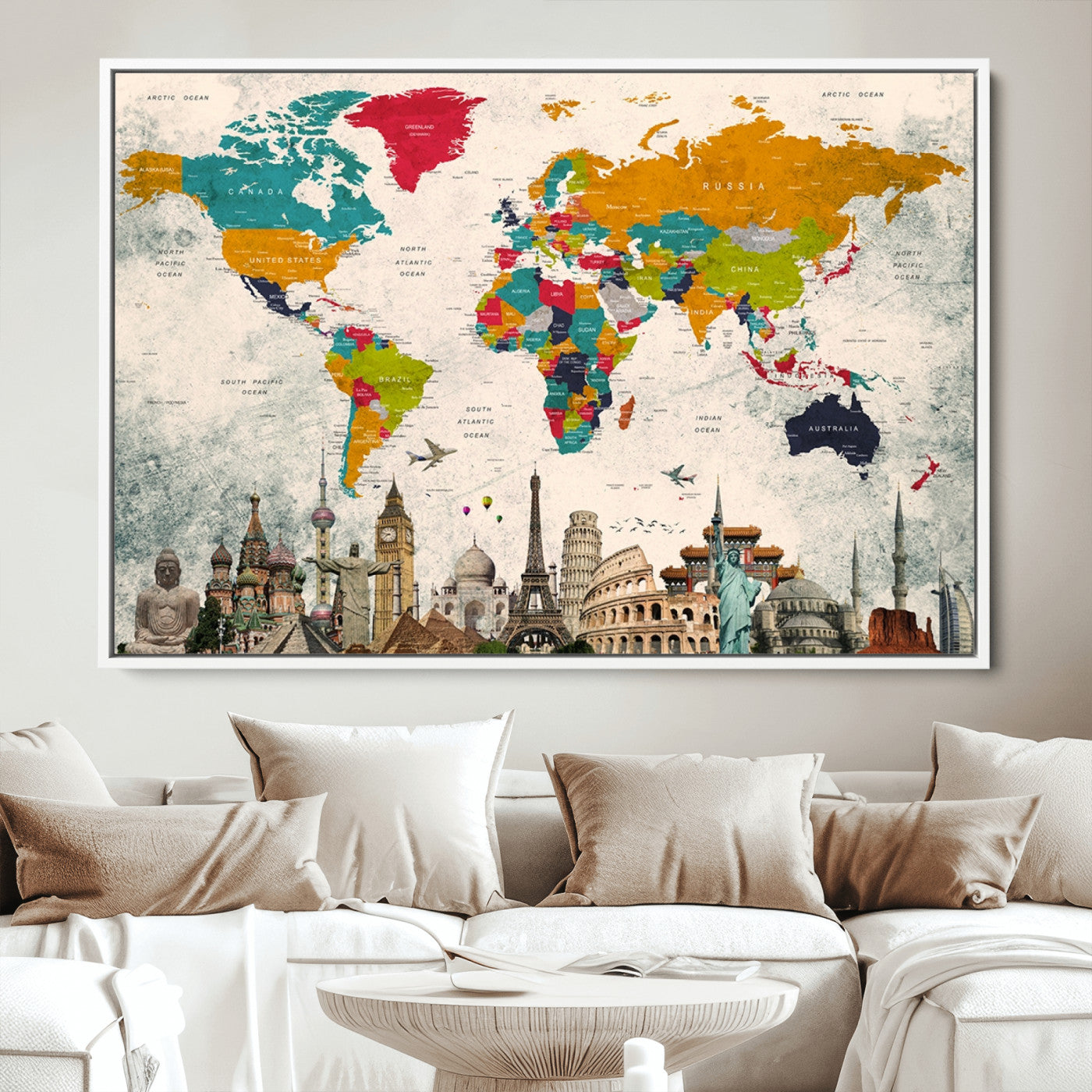 Push Pin World Map Canvas Print – Framed Wall Art for Couples to Track Their Travels – Anniversary Gift or Home Adventure Decor