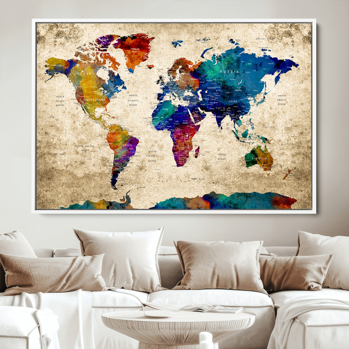 Push Pin World Map Canvas Print – Framed Wall Art for Couples to Track Their Travels – Anniversary Gift or Home Adventure Decor