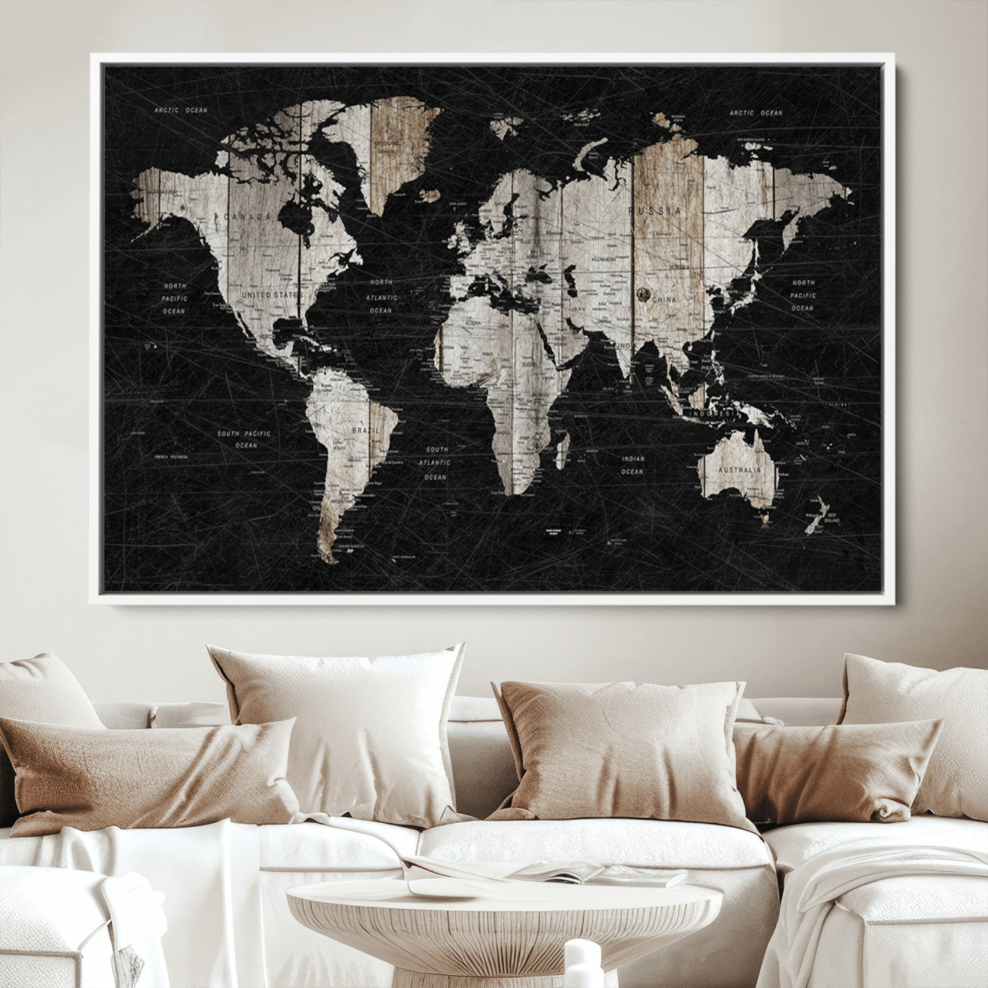 Push Pin World Map Canvas Print – Framed Wall Art for Couples to Track Their Travels – Anniversary Gift or Home Adventure Decor