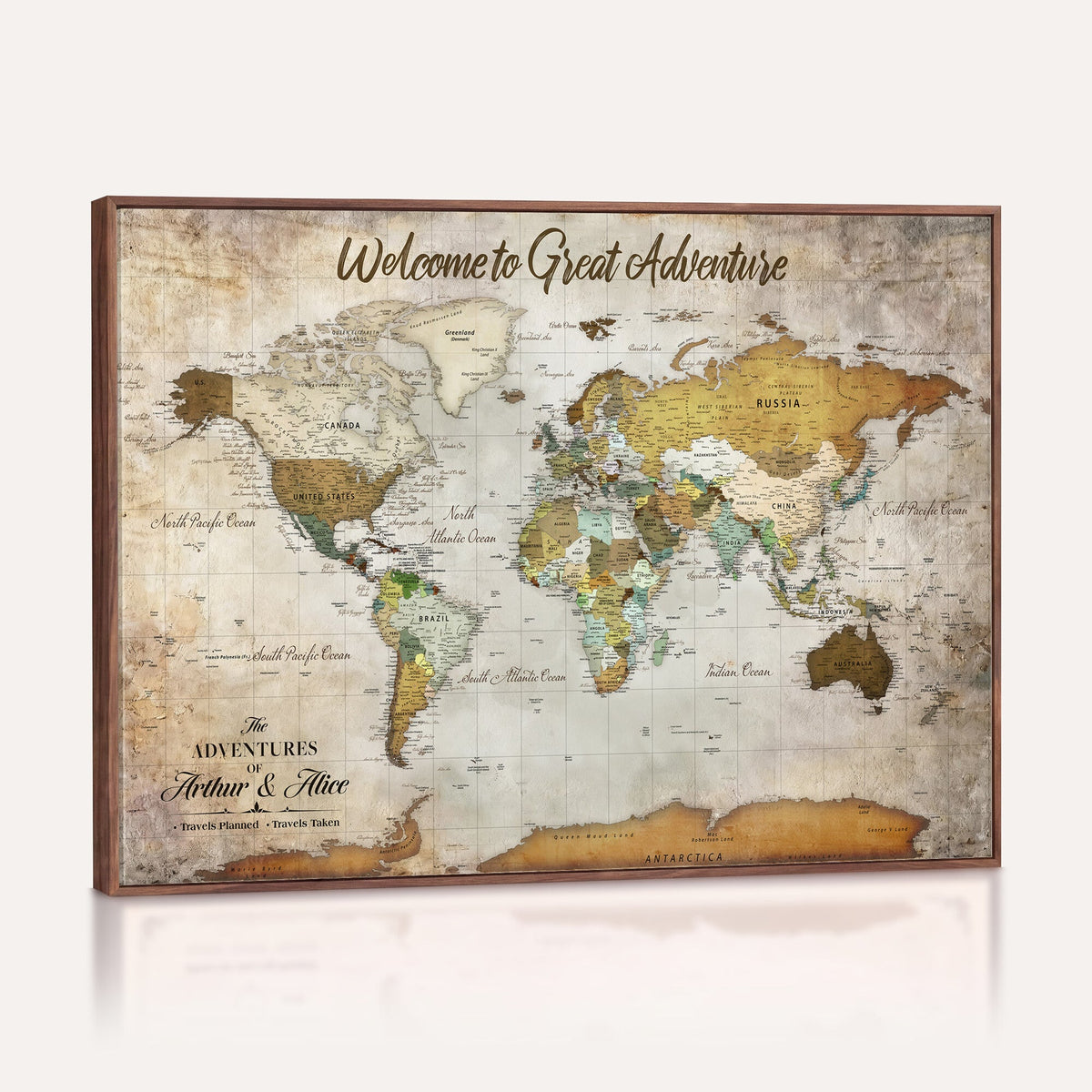 33043195-MGV-CV-36X24 - Personalized Beige World Travel Map Wall Art with Pins, Family Travel Tracker, Family Room and Study Decor
