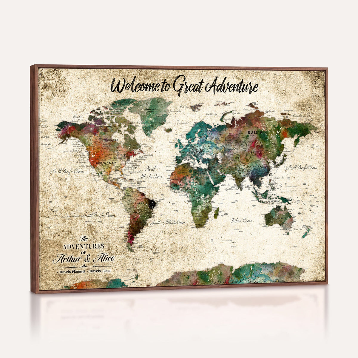 Personalized Beige Grunge World Map Canvas with Push Pins, Next Trip Planner Map, Family Room and Home Office Decor