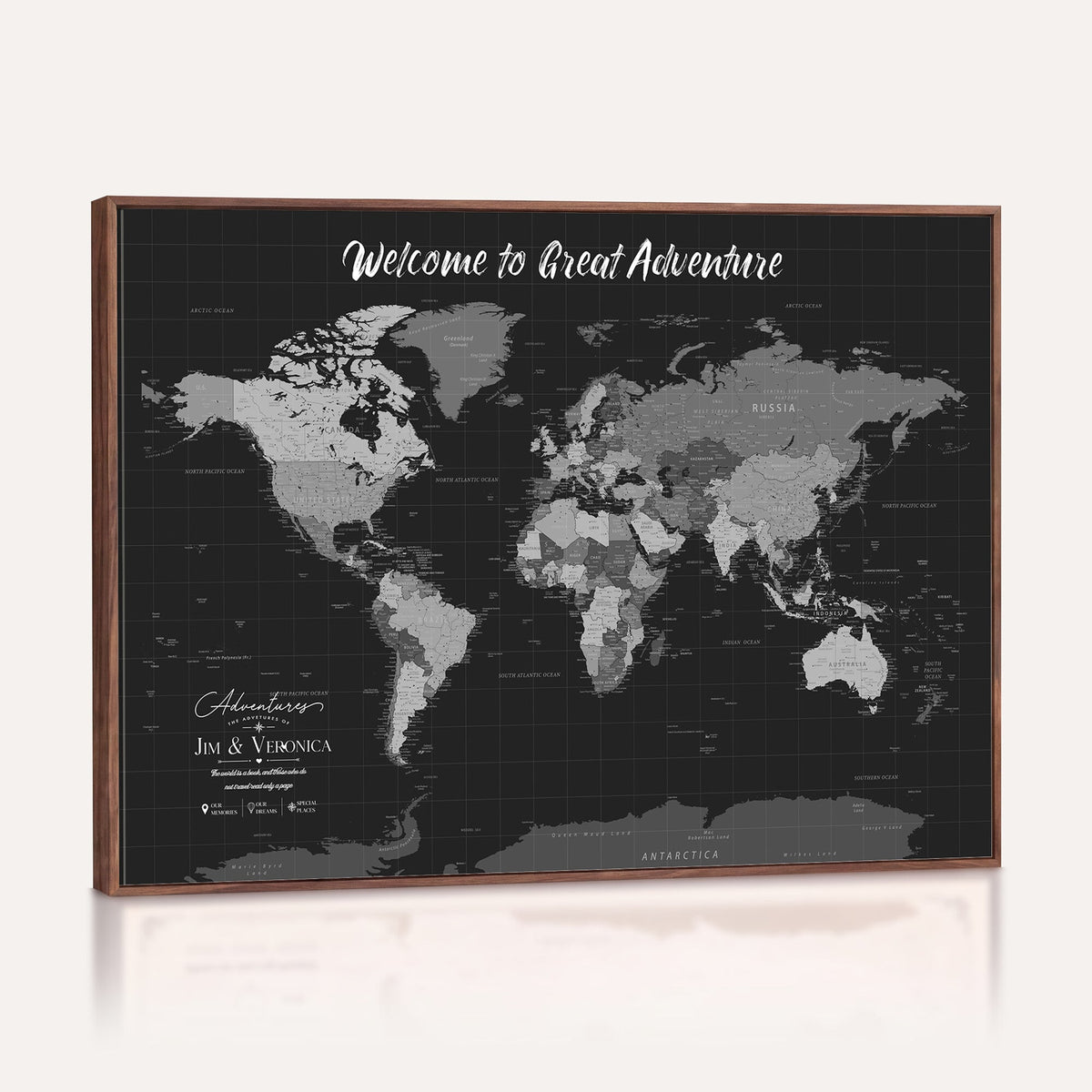 Custom Framed Navy Vintage World Map Canvas with Push Pins, Next Trip Planner Map, Entryway and Hallway Decor