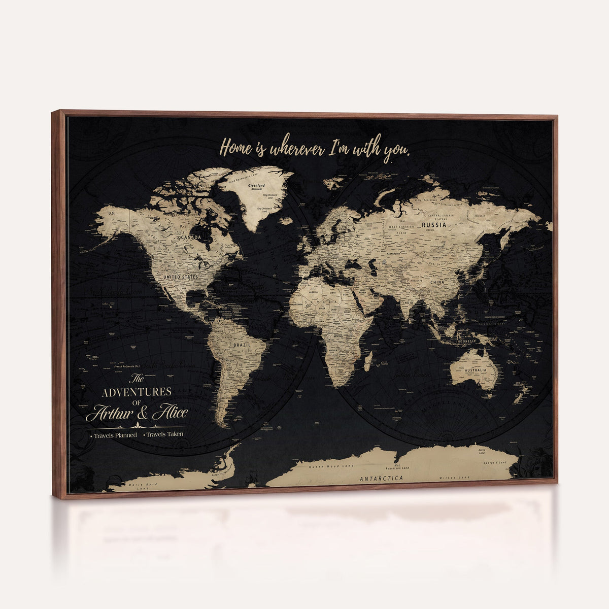 Personalized Framed Beige Modern Push Pin World Map Canvas Print, Places Visited Tracker, Family Room and Bedroom Decor