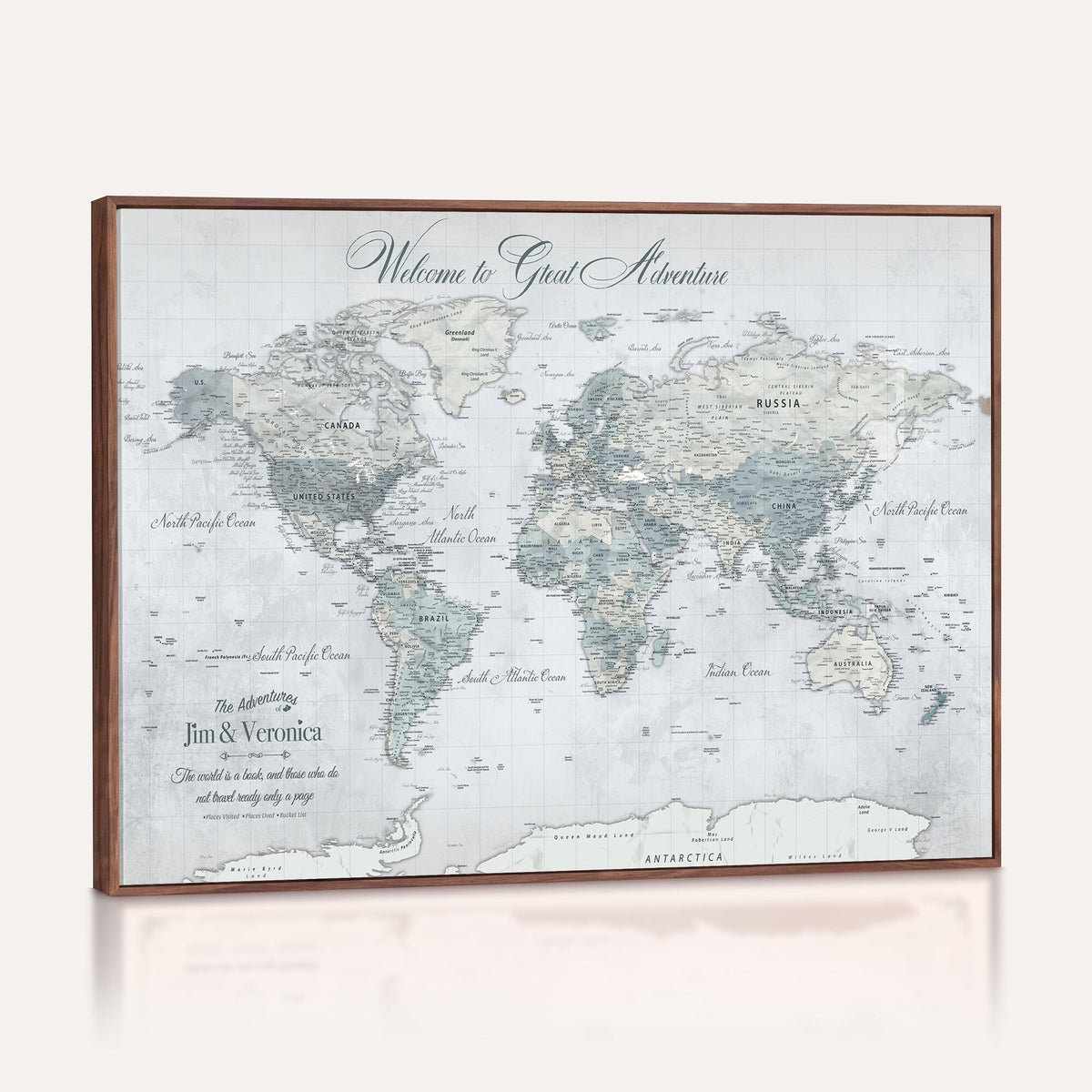 Personalized Beige Antique Push Pin World Map Canvas Print, Family Travel Tracker, Family Room and Entryway Decor