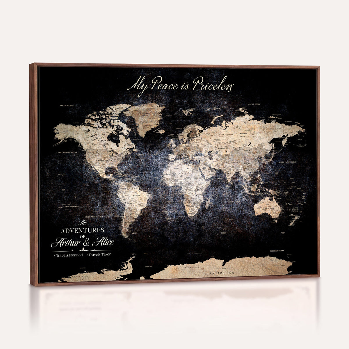 Personalized Beige World Map Canvas with Push Pins, Couples Countries Visited Map, Study and Hallway Decor