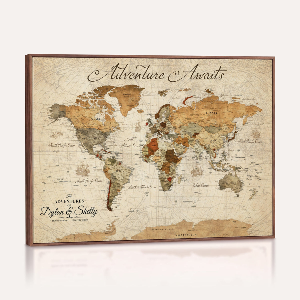Personalized Black Modern World Map Canvas with Push Pins, Family Travel Tracker, Bedroom and Study Decor