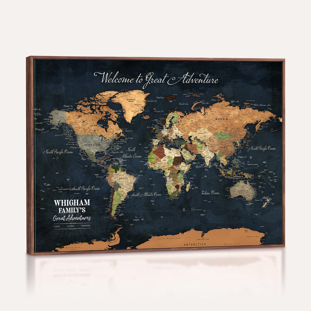 Personalized Framed Beige Modern Push Pin World Map Canvas Print, Bucket List Map, Family Room and Hallway Decor