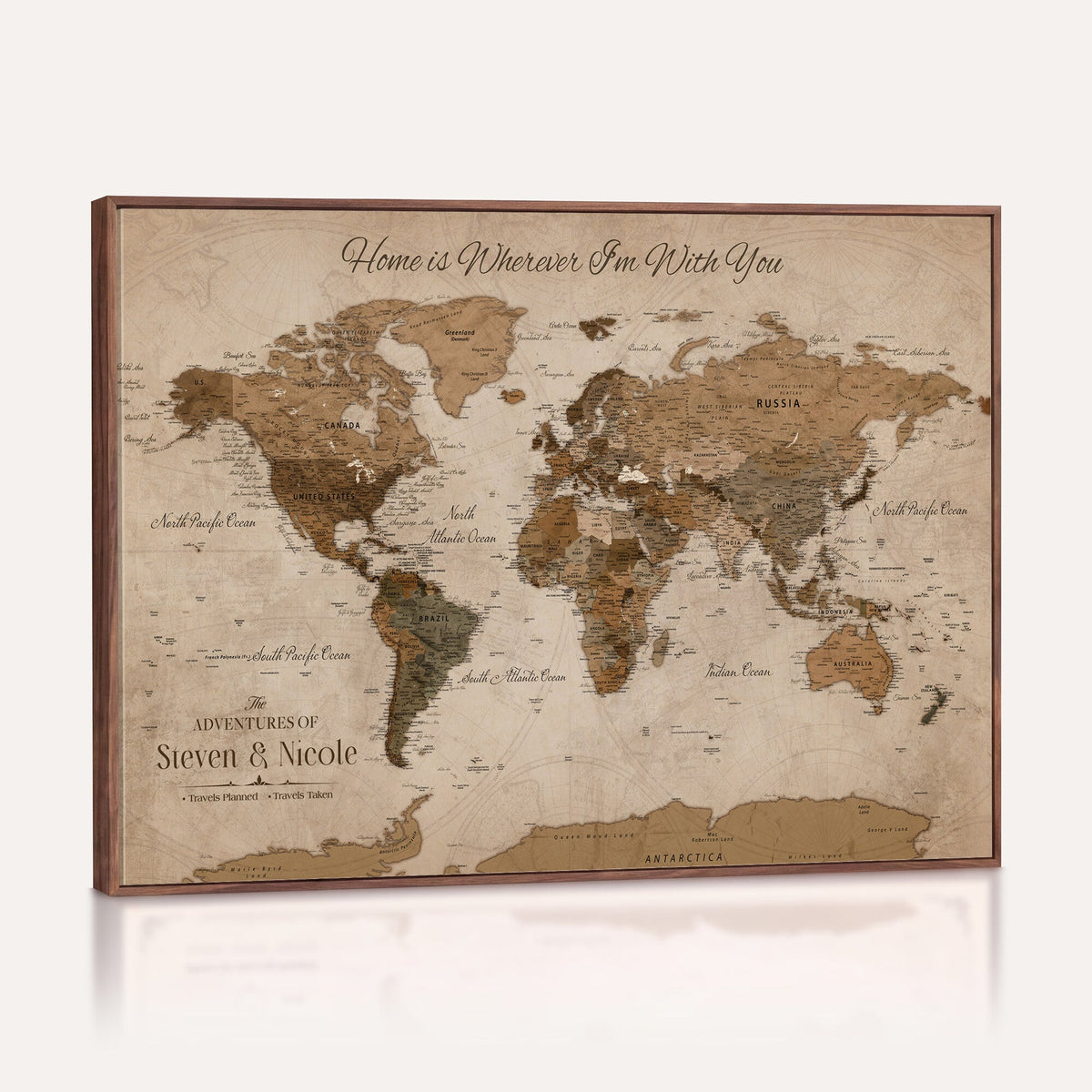 Personalized Framed Beige World Map Canvas with Push Pins, Honeymoon and Anniversary Gift, Living Room and Hallway Decor