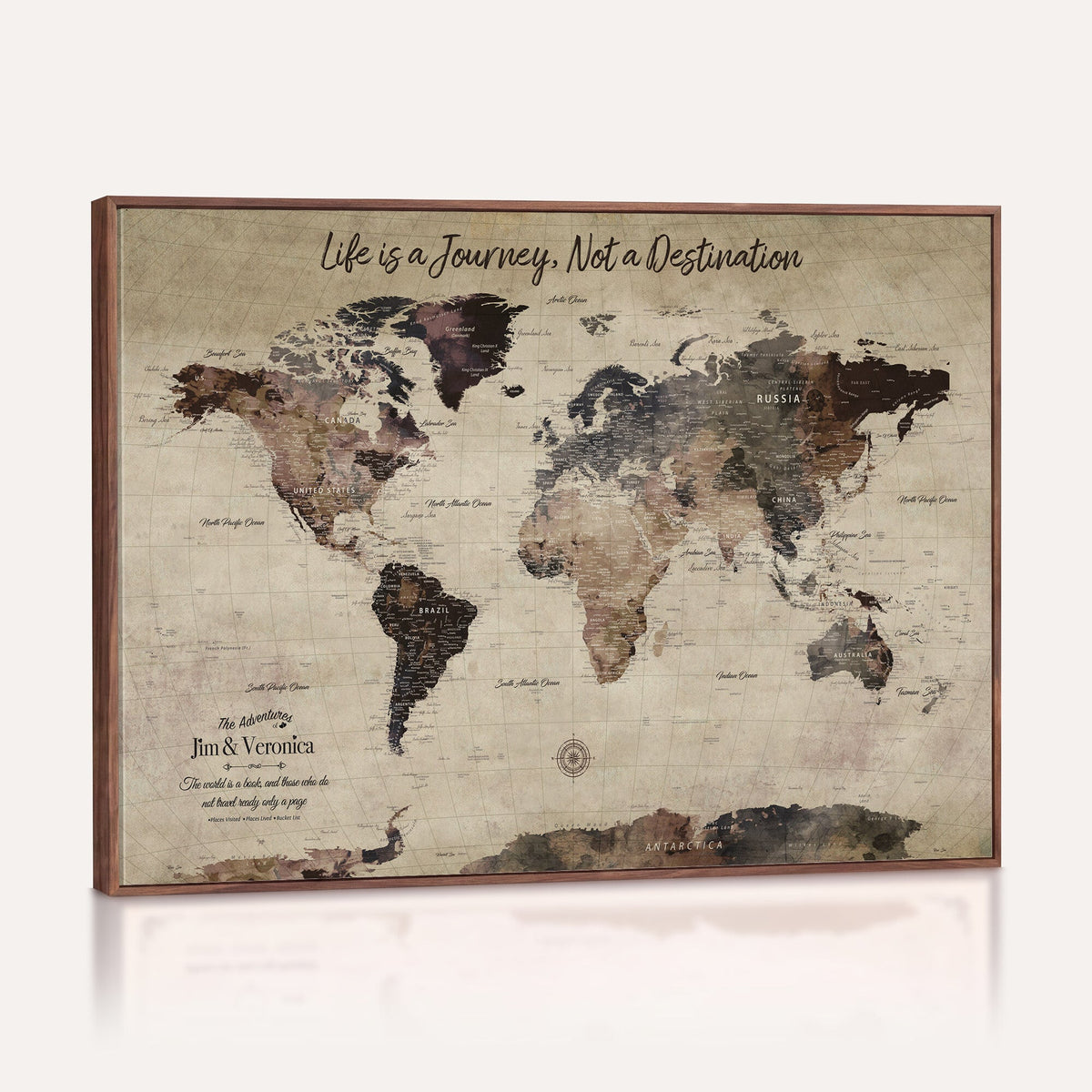 Custom Beige Vintage World Travel Map Wall Art with Pins, Bucket List Map, Bedroom and Hallway Decor