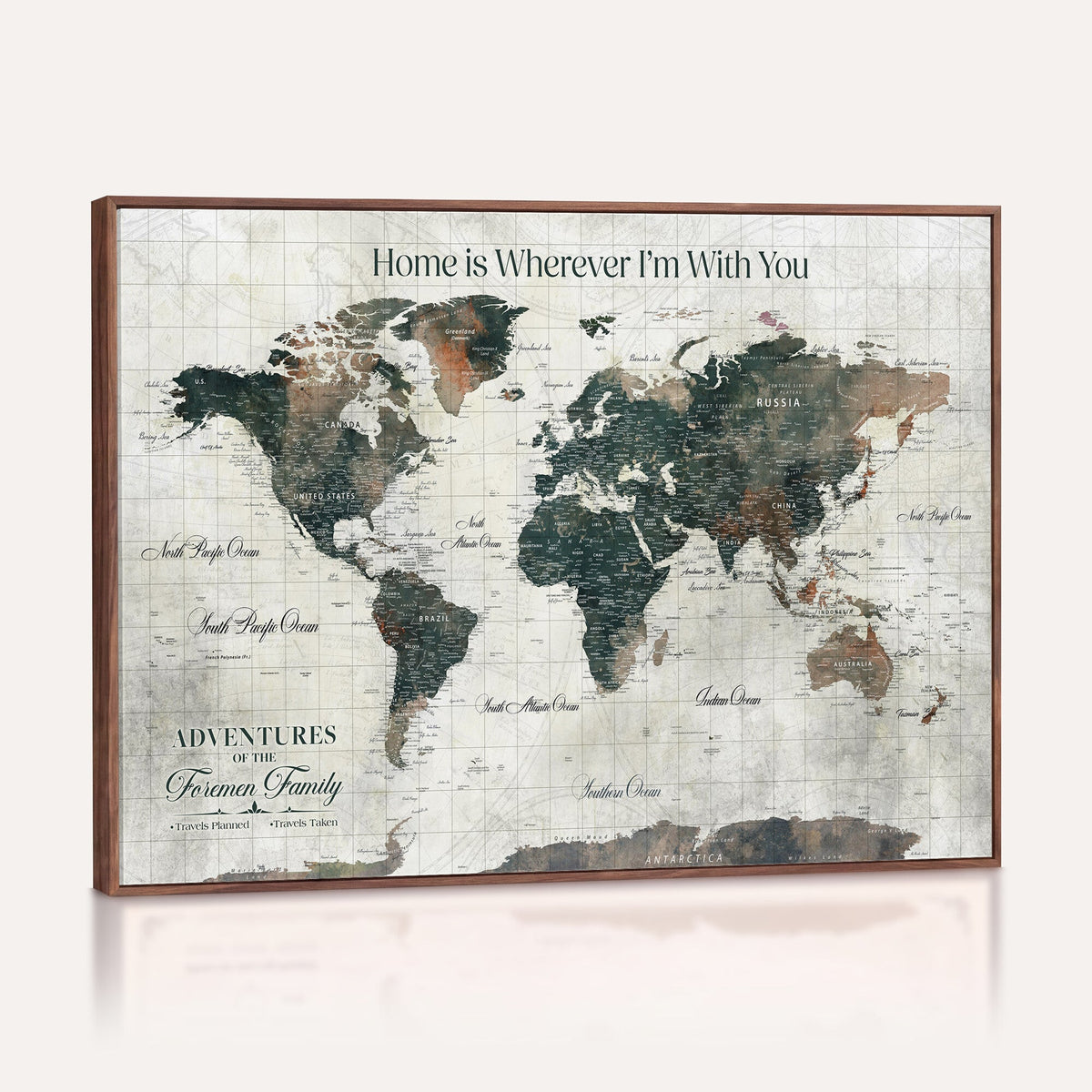 Personalized Beige Modern Push Pin Travel Map Canvas Print, Couples Countries Visited Map, Dining Room and Bedroom Decor