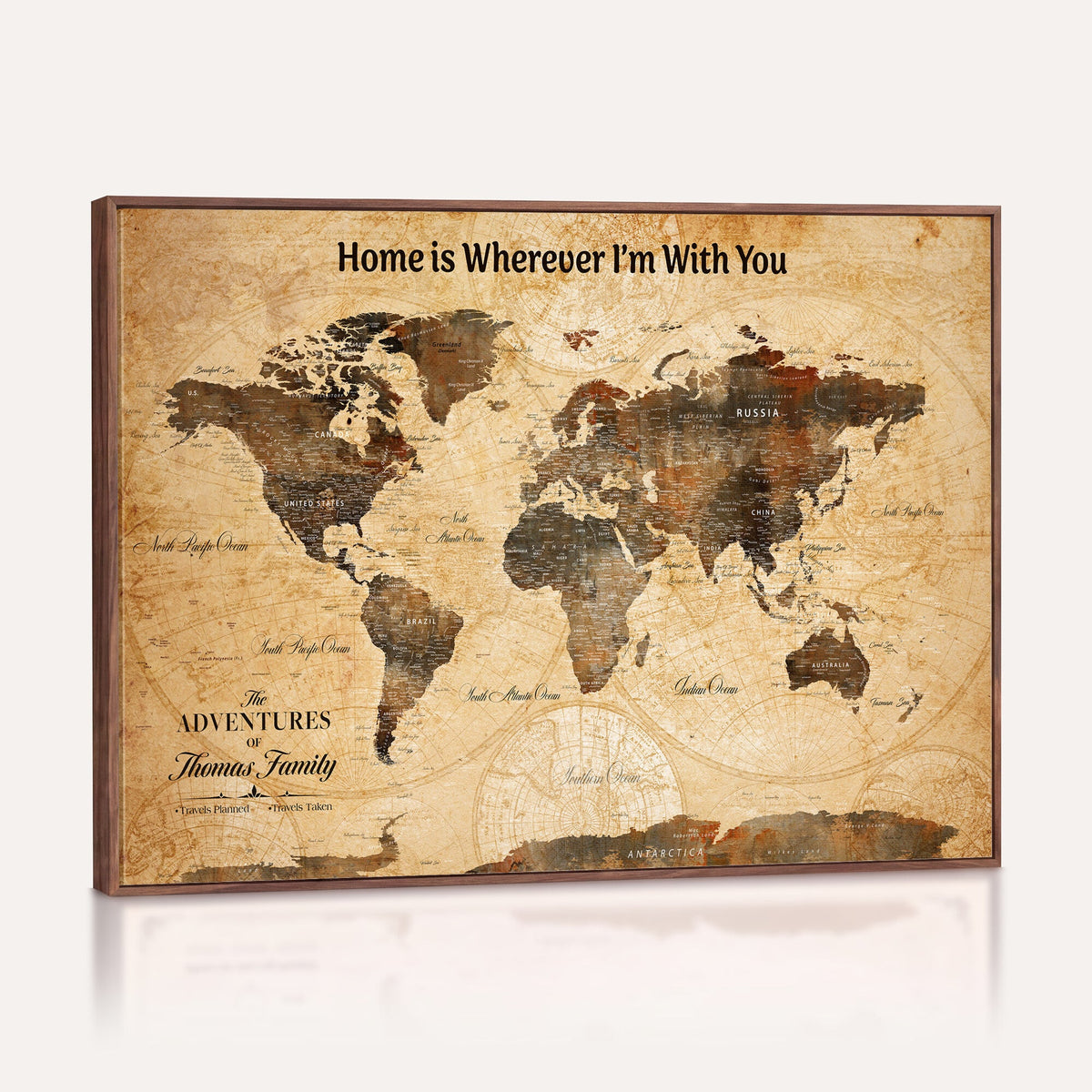 Personalized Beige Vintage Push Pin World Map Canvas Print, Bucket List Map, Study and Hallway Decor