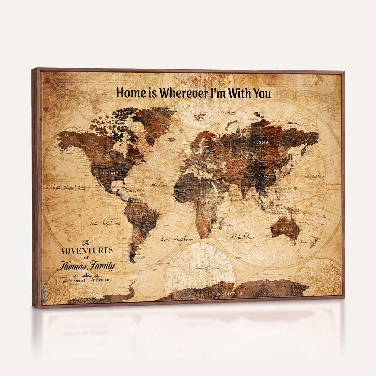 Custom Framed Beige Vintage Push Pin World Map Wall Art, Next Trip Planner Map, Living Room and Bedroom Decor