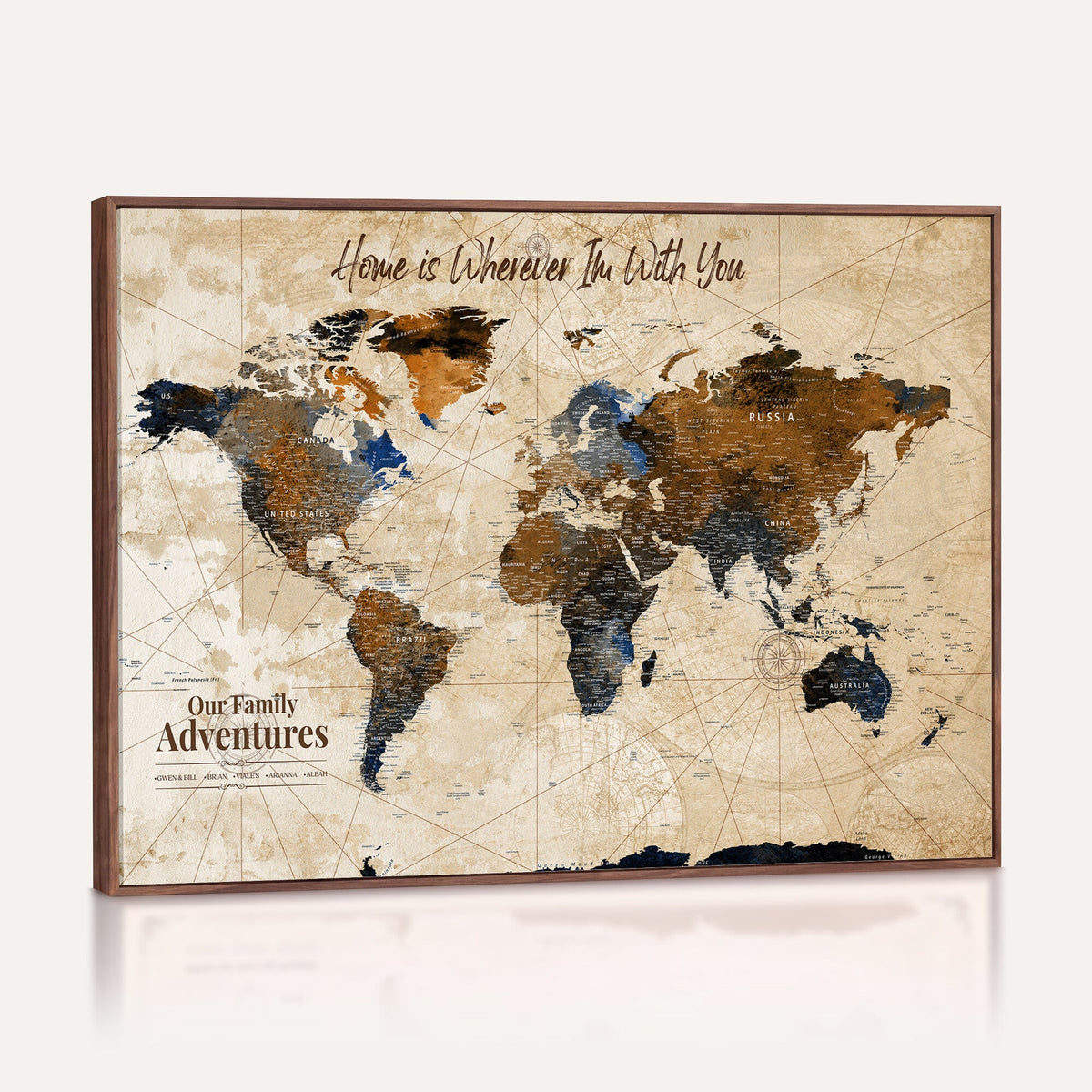 Custom Framed Beige Vintage World Travel Map Wall Art with Pins, Places Visited Tracker, Home Office and Entryway Decor
