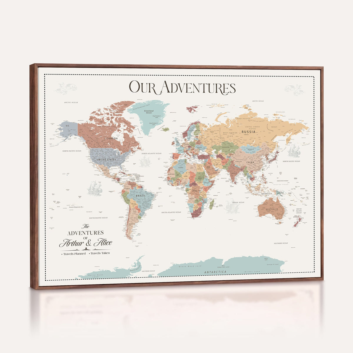 Personalized Framed Navy Push Pin World Map Canvas Print, Next Trip Planner Map, Living Room and Entryway Decor