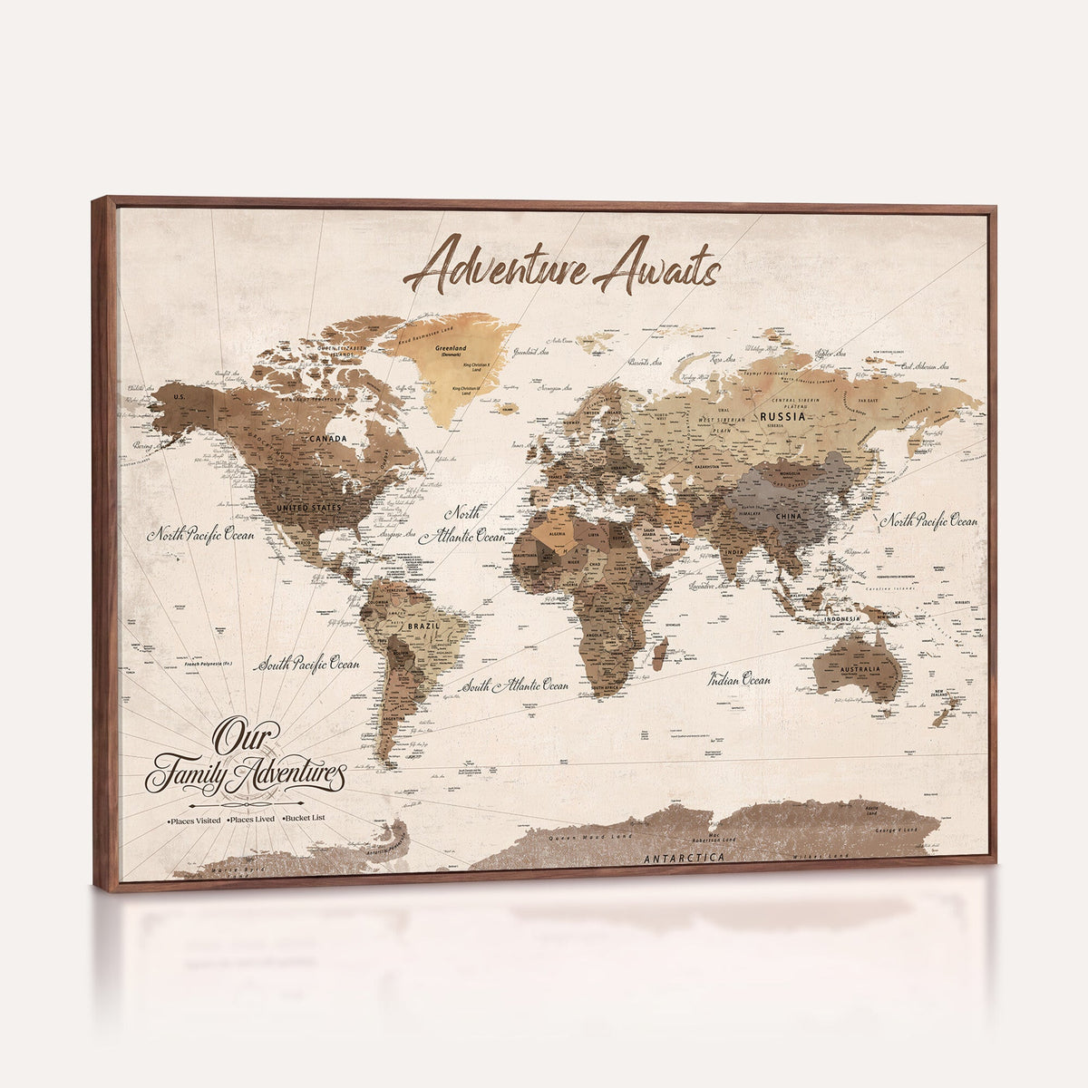 84865191-MGV-CV-36X24 - Our Family Adventures Push Pin World Map Wall Art Canvas Print - Family Travel Tracker Map with Pins