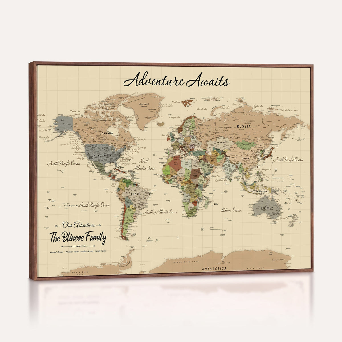 Detailed Personalized Beige Modern World Travel Map Wall Art with Pins, Next Trip Planner Map, Bedroom and Entryway Decor