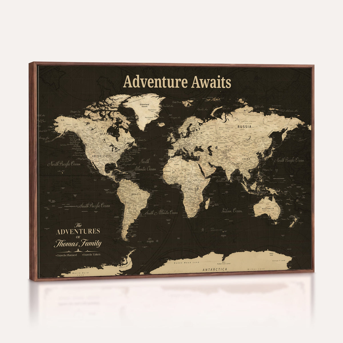 Custom Beige Modern World Travel Map Wall Art with Pins, Family Travel Tracker, Dining Room and Entryway Decor