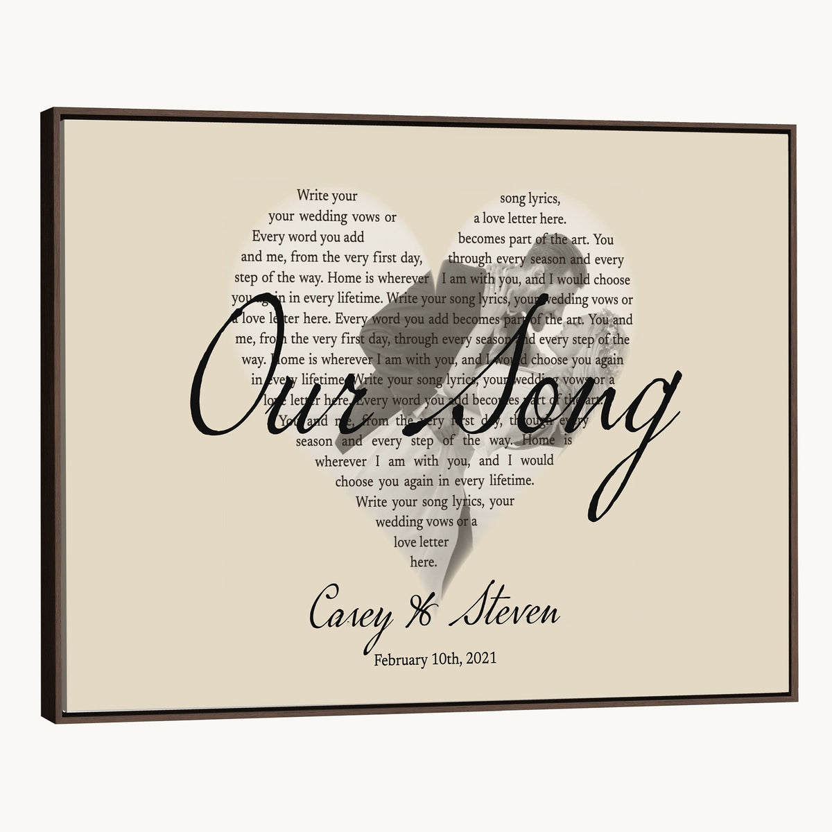 CSTM911D-MGV-CV-36X24 - Lyrics Heart Canvas Print – Personalized Song Lyrics in a Heart Shape Wall Art