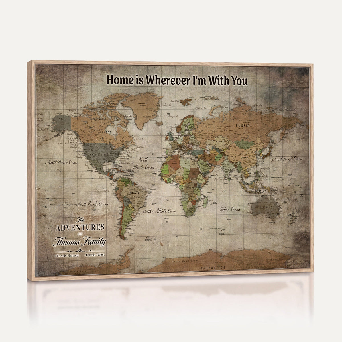 22593671-MGV-CV-36X24 - Personalized Beige Geometric World Map Canvas with Push Pins, Next Trip Planner Map, Study and Entryway Decor