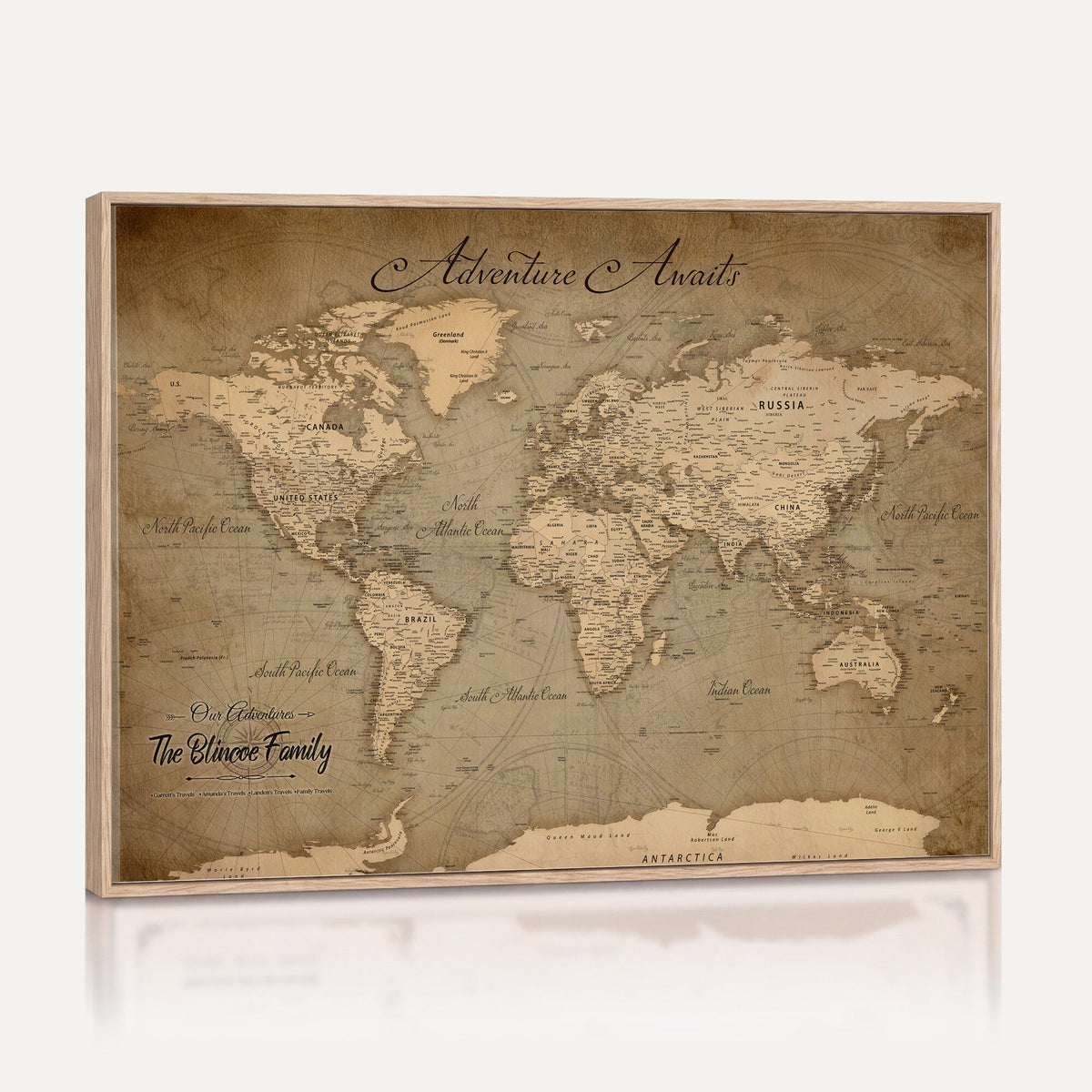 Personalized Framed Beige World Travel Map Wall Art with Pins, Family Travel Tracker, Family Room and Entryway Decor