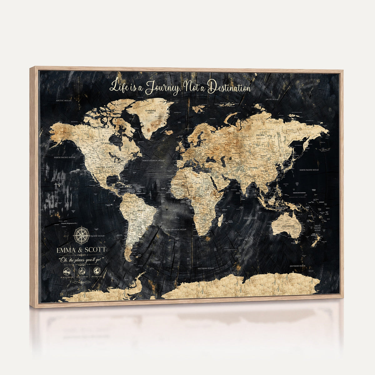 Personalized Framed Beige Push Pin World Map Wall Art, Bucket List Map, Living Room and Dining Room Decor