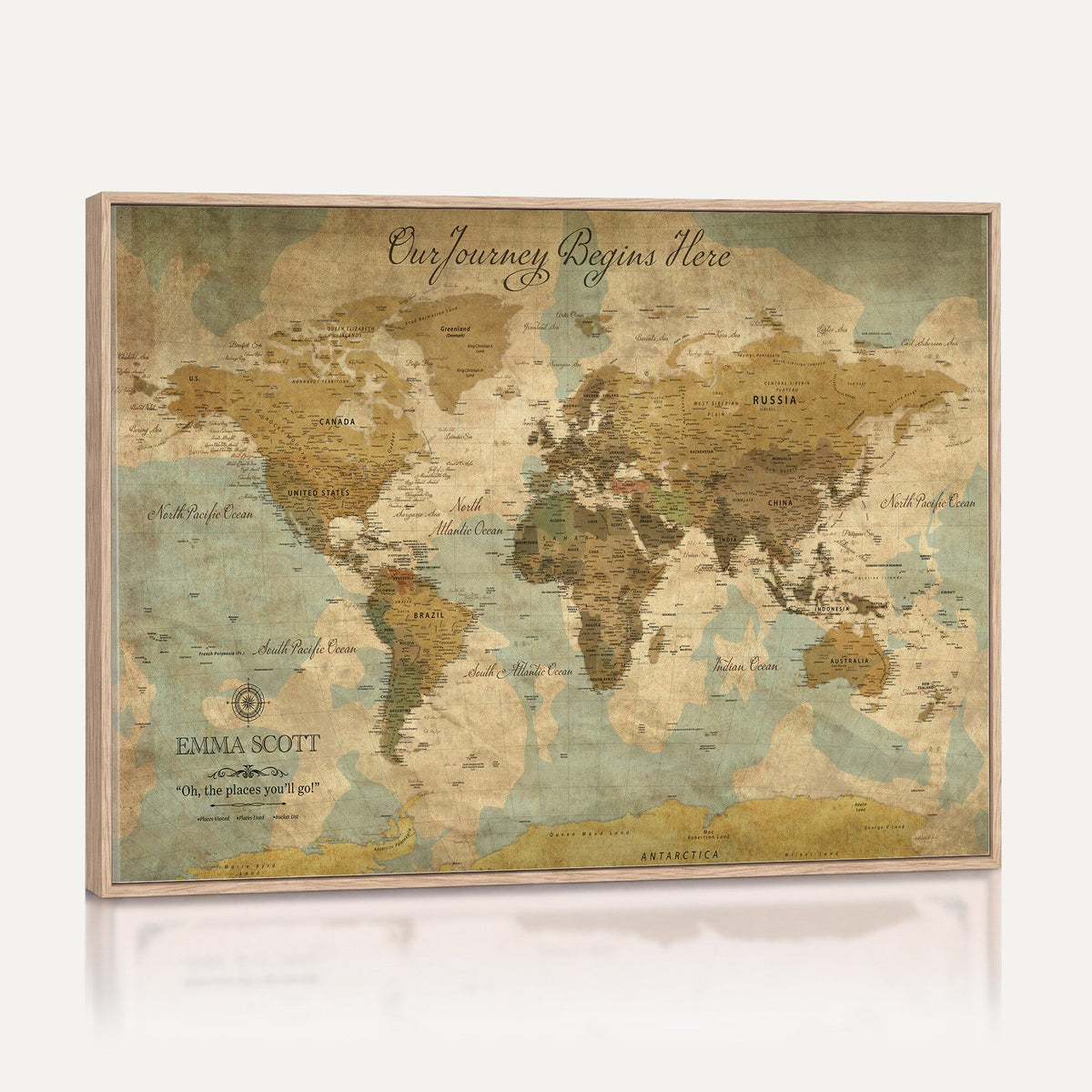 Personalized Navy Push Pin Travel Map Canvas Print, Couples Countries Visited Map, Living Room and Dining Room Decor
