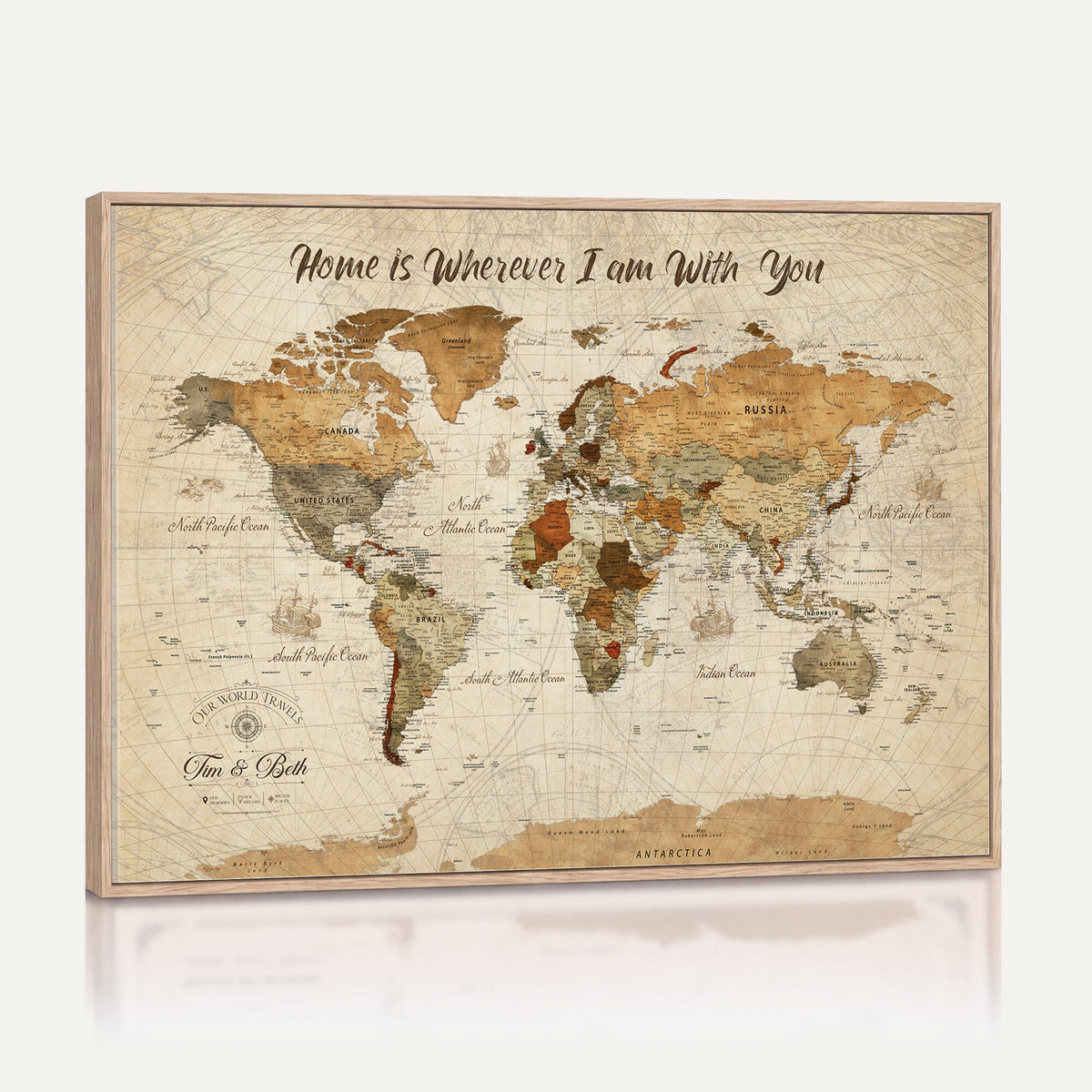 Personalized Framed Black Modern Push Pin World Map Wall Art, Couples Countries Visited Map, Dining Room and Hallway Decor
