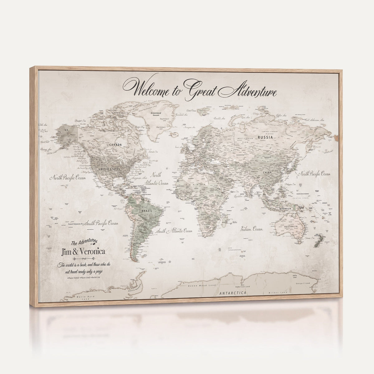 84311132-MGV-CV-36X24 - Personalized Beige World Map Canvas with Push Pins, Places Visited Tracker, Family Room and Entryway Decor