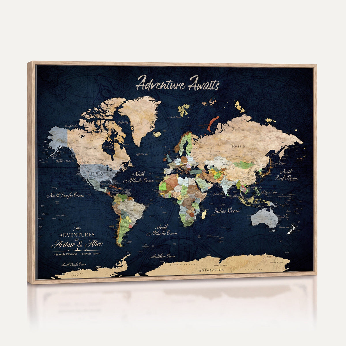Personalized Beige Antique Push Pin Travel Map Canvas Print, Bucket List Map, Dining Room and Entryway Decor