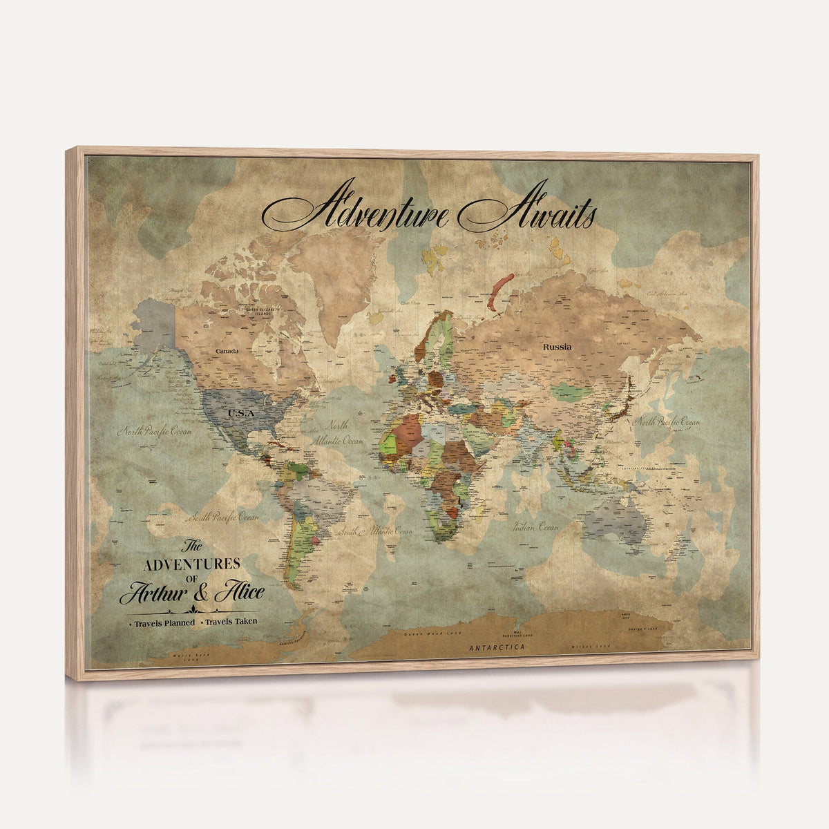 Custom Beige World Travel Map Wall Art with Pins, Bucket List Map, Dining Room and Study Decor