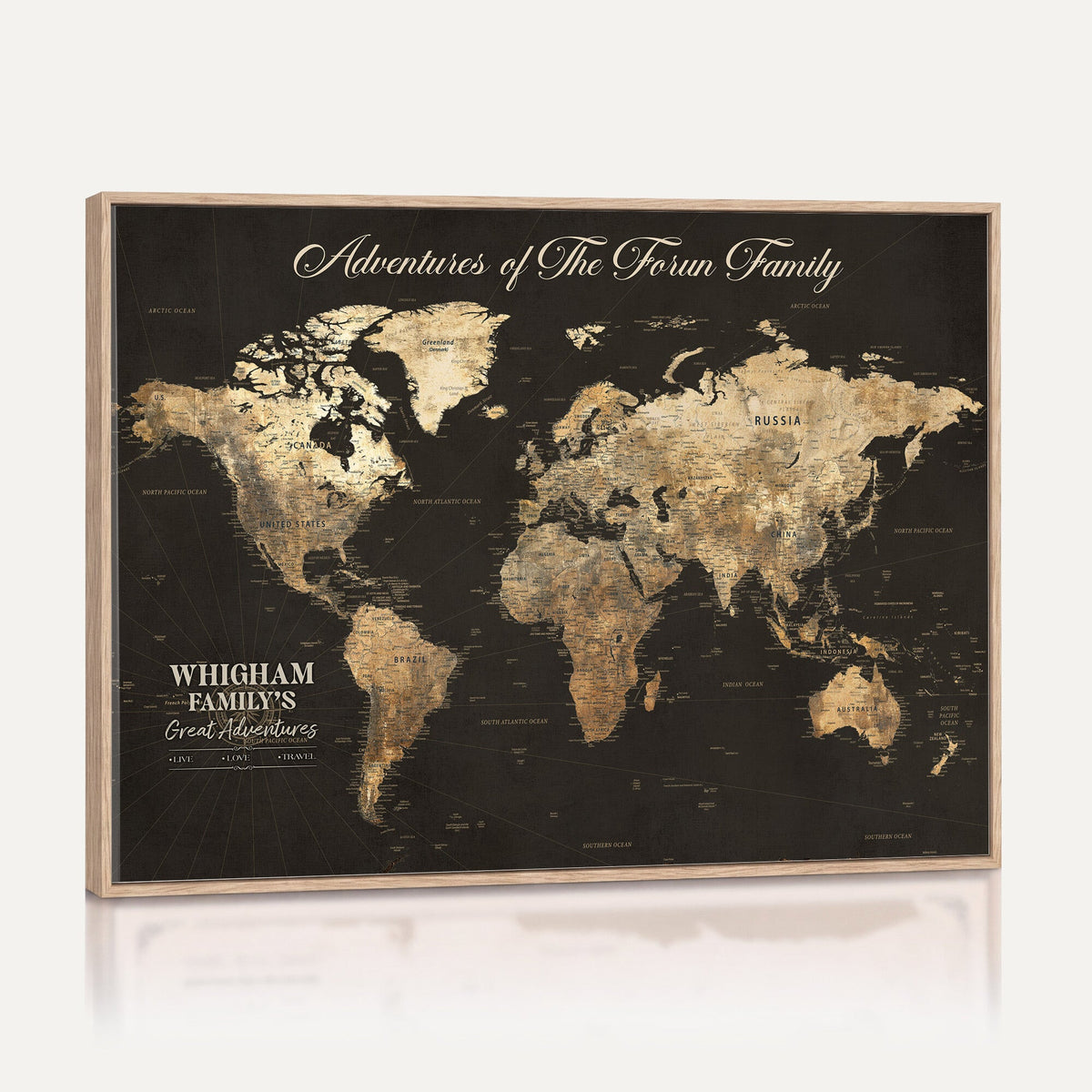 Personalized Framed Beige World Travel Map Wall Art with Pins, Couples Countries Visited Map, Family Room and Dining Room Decor