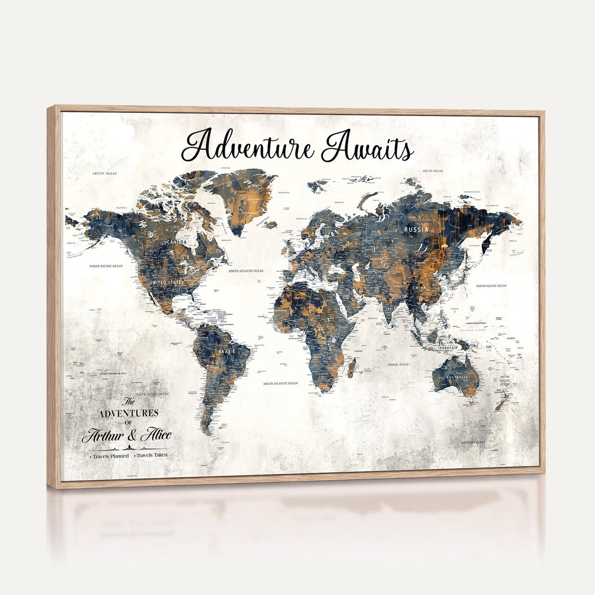 Custom Framed Beige Geometric World Travel Map Wall Art with Pins, Places Visited Tracker, Family Room and Home Office Decor