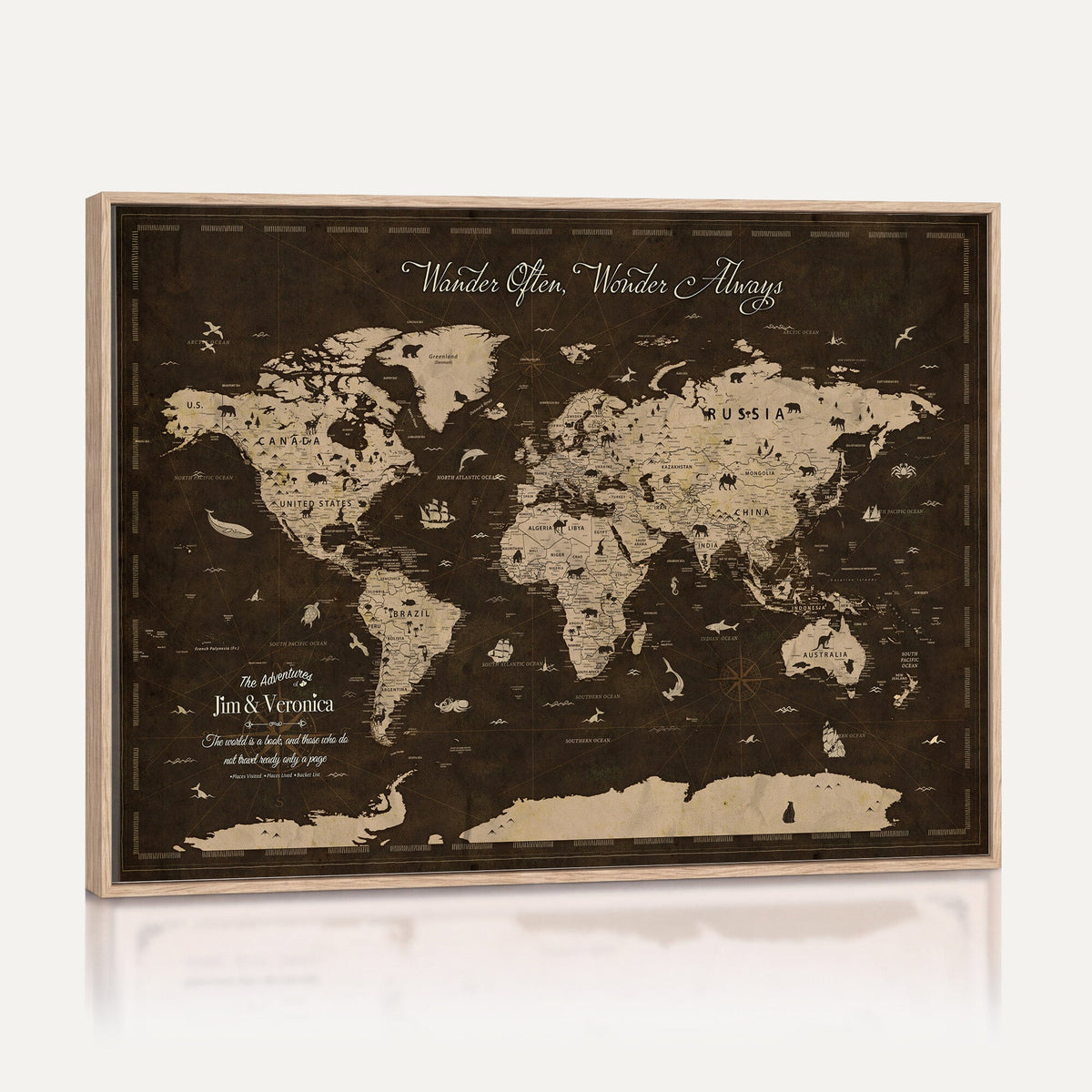 20091587-MGV-CV-36X24 - Custom Push Pin World Map Wall Art Canvas Print | Personalized Travel Tracker with Pins Framed Large for Home and Office Decor
