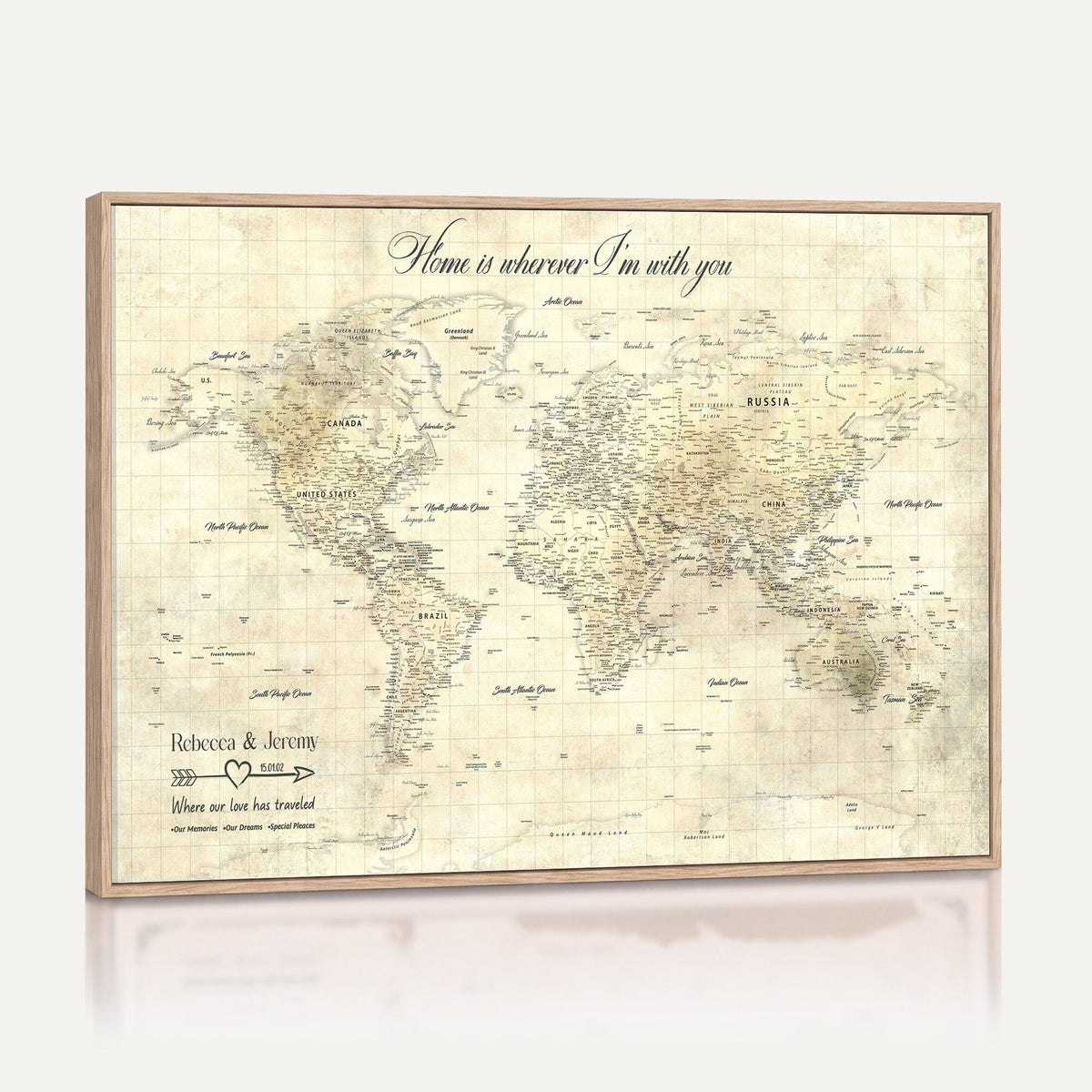 Personalized Beige Modern Push Pin World Map Wall Art, Honeymoon and Anniversary Gift, Bedroom and Study Decor