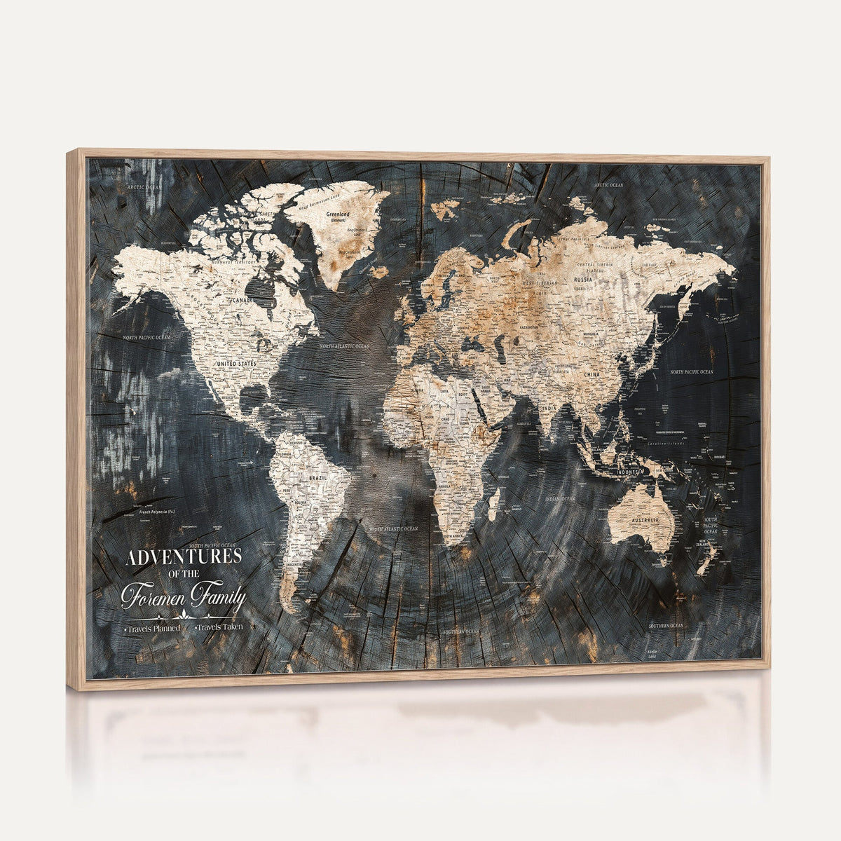 Personalized Framed Beige Push Pin World Map Canvas Print, Bucket List Map, Living Room and Hallway Decor